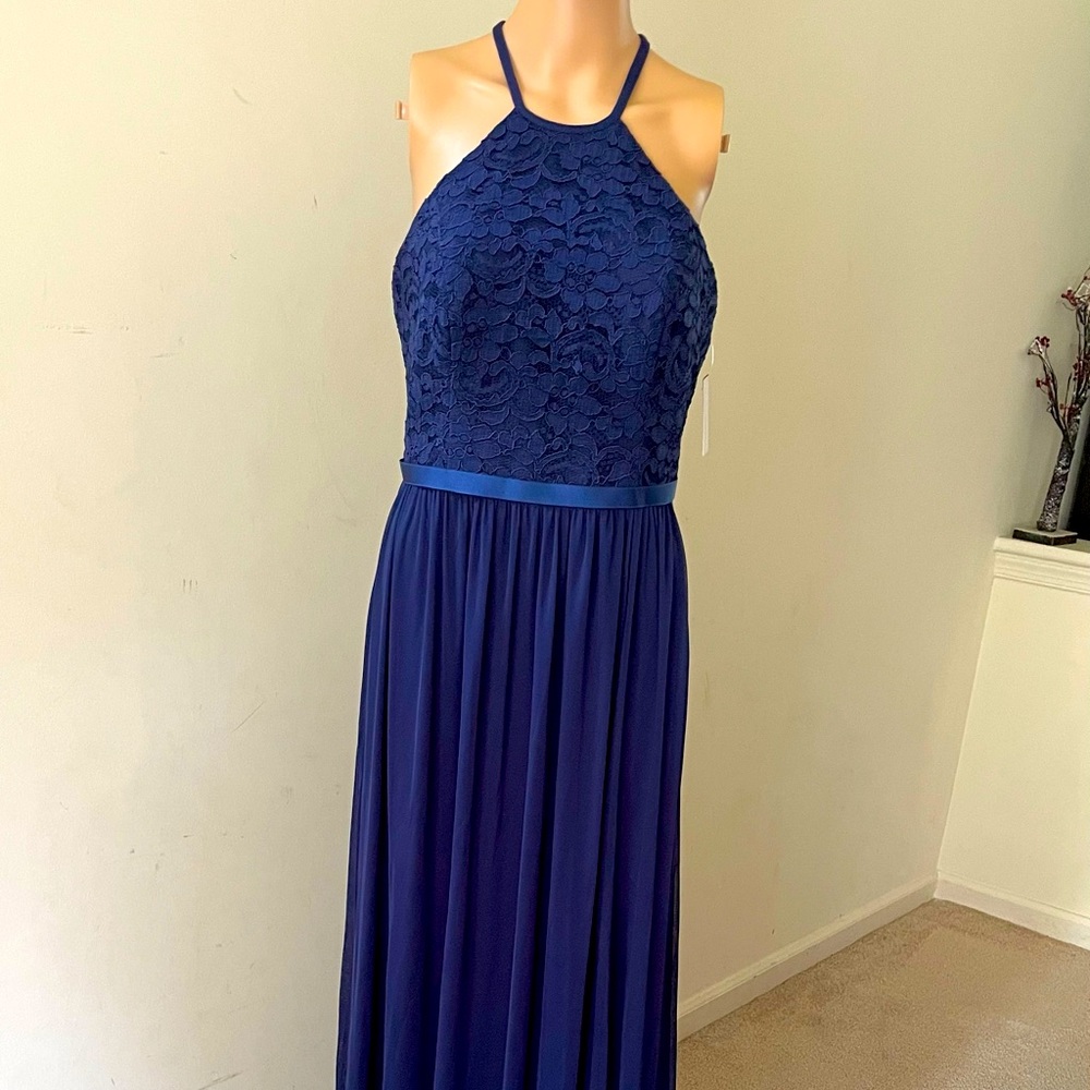 NWT David’s Bridal Blue Diamond Cut Maxi Lace Dress Size 10